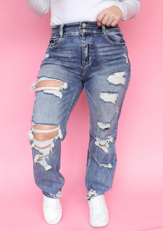 DESTROYED SUPER HIGH RISE STRETCH SLIM STRAIGHT JEANS