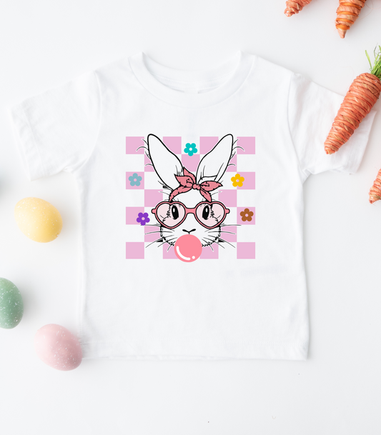 KIDS PINK CHECKERED BUNNY BUBBLE GUM TEE