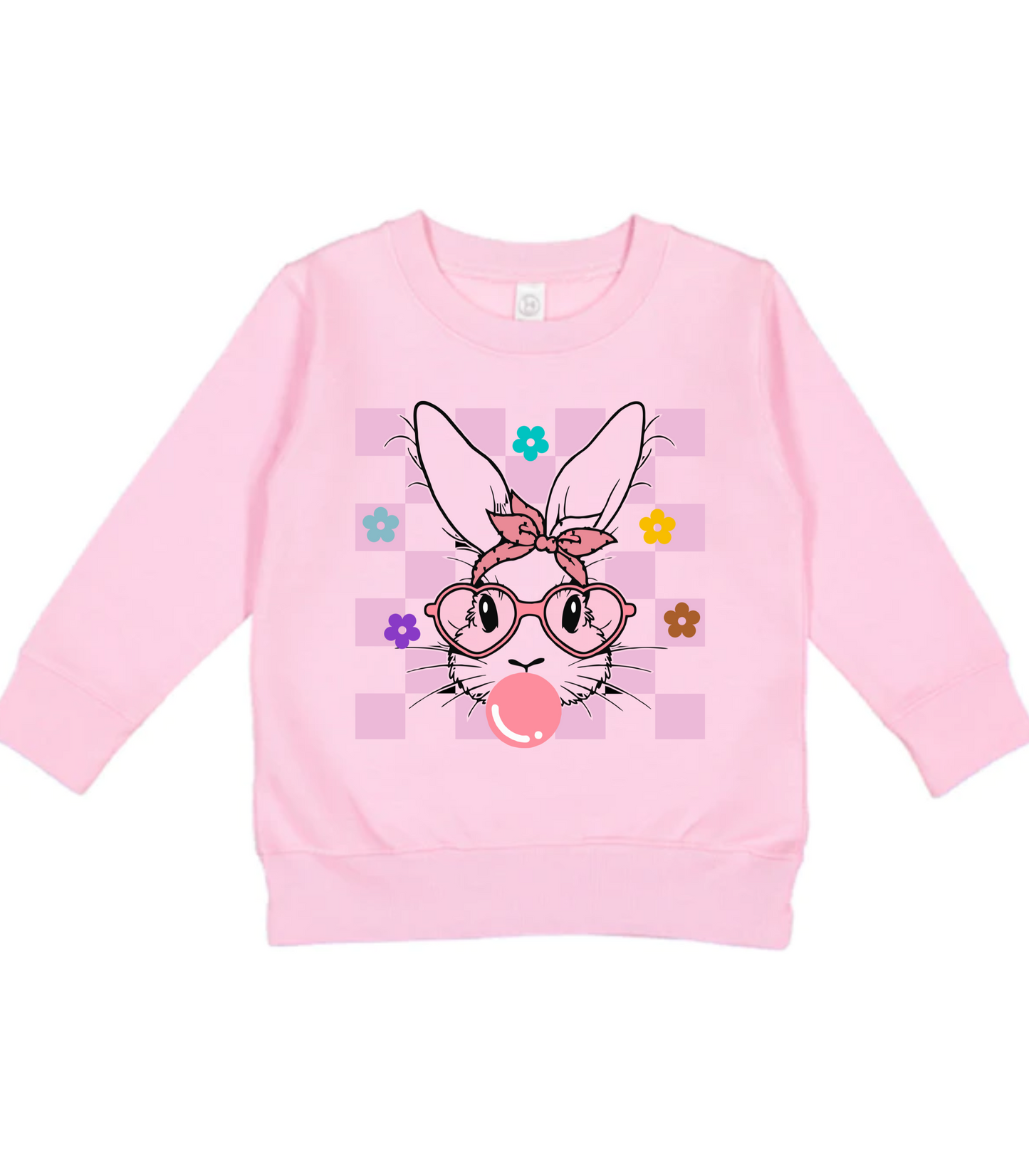 KIDS PINK CHECKERED BUNNY BUBBLE GUM CREW