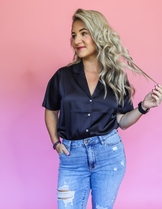 ON MY OWN SATIN BUTTON DOWN TOP - FINAL SALE