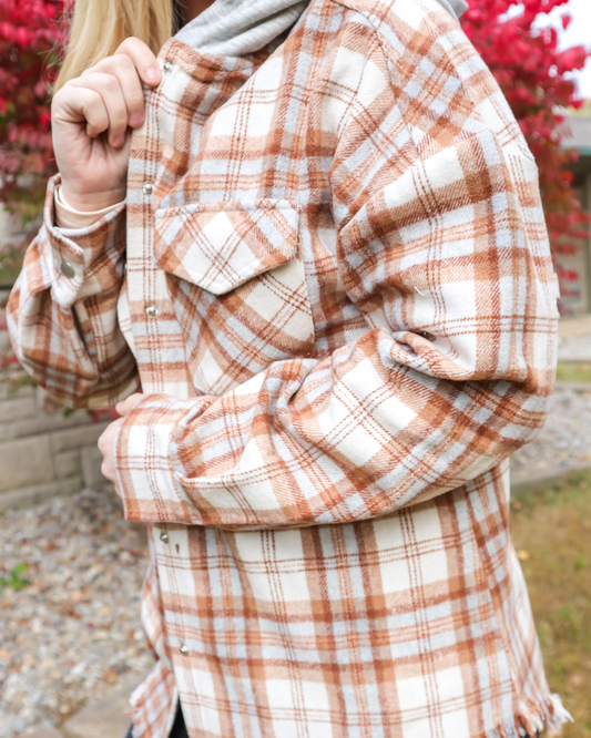 SEE YOU OUTSIDE HOODED FLANNEL CAMEL SHACKET - FINAL SALE