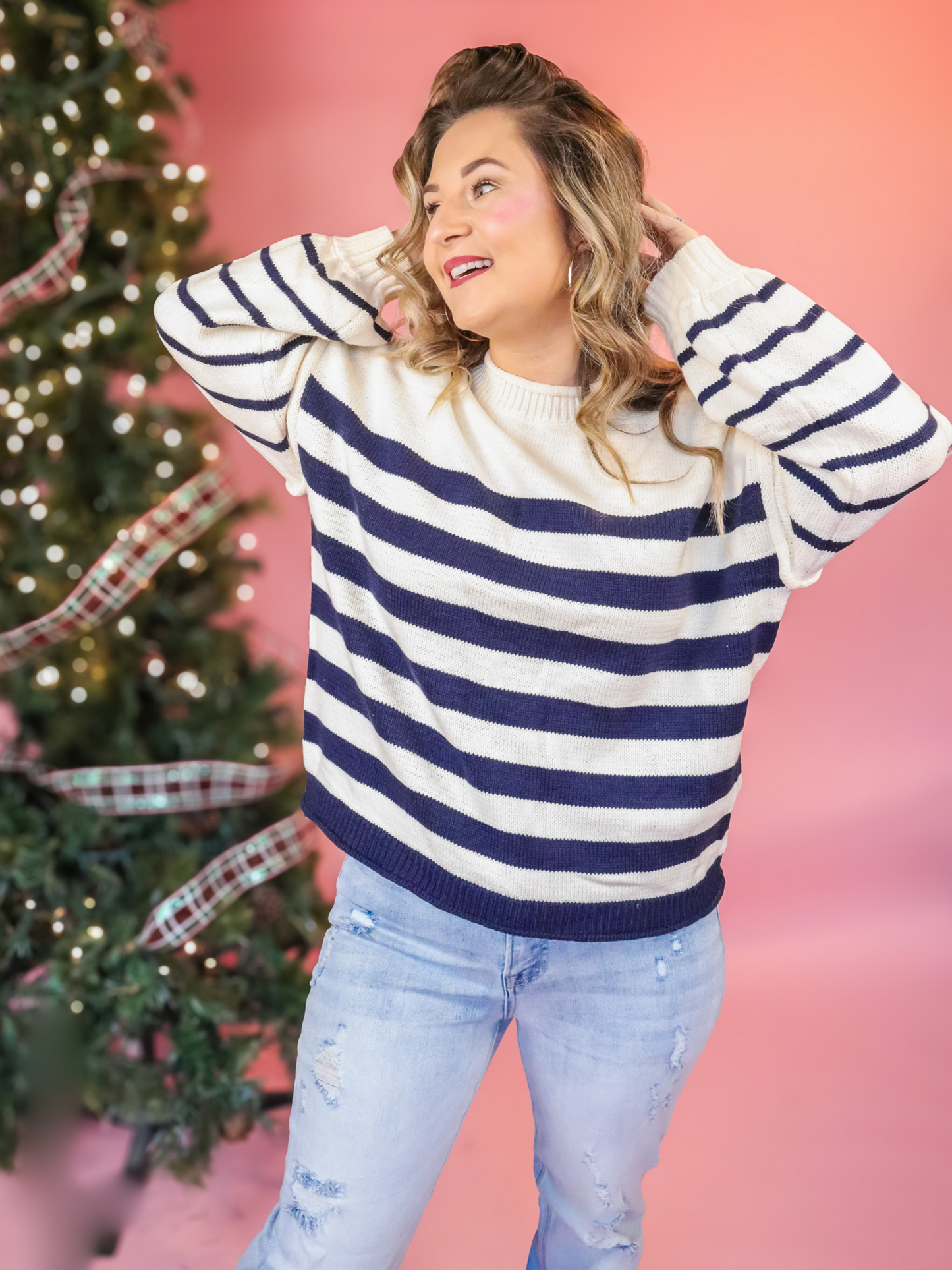 FOREVER WINTER NAVY STRIPED OVERSIZED SWEATER