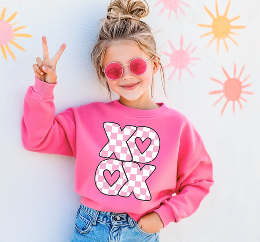 PINK XOXO CHECKERED YOUTH CREW/TEE