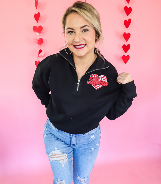 MAMA CHECKERED LEFT CHEST VALENTINE'S DAY QUARTER ZIP