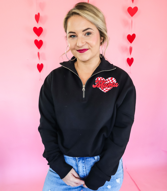 MAMA CHECKERED LEFT CHEST VALENTINE'S DAY QUARTER ZIP