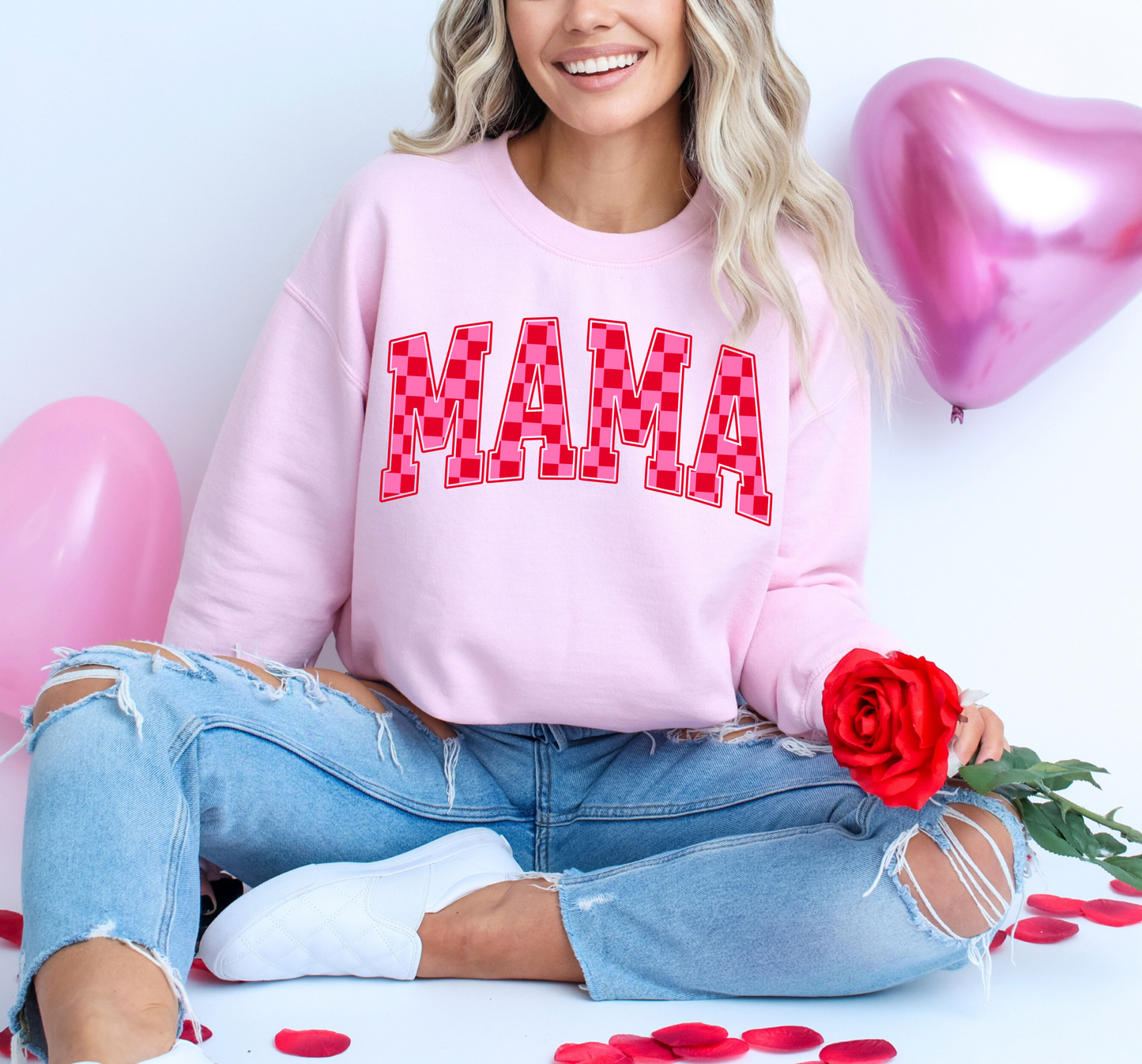 VARSITY MAMA CHECKERED PINK & RED CREW/TEE