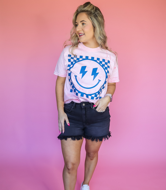 CHECKERED SMILEY NAVY PUFF PRINT - TUESDAY TEE