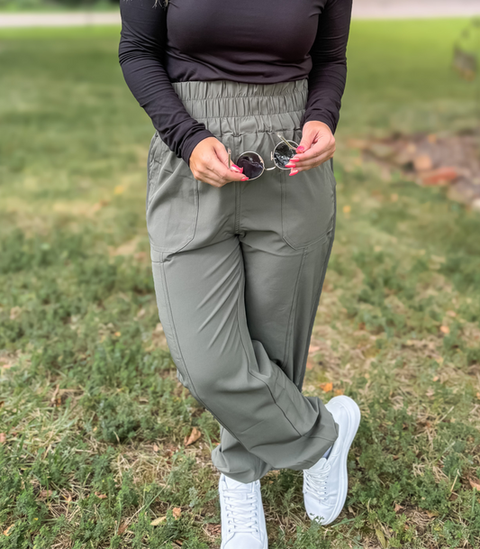 *BEST SELLING* ON THE MOVE SMOCKED WAIST JOGGERS - OLIVE