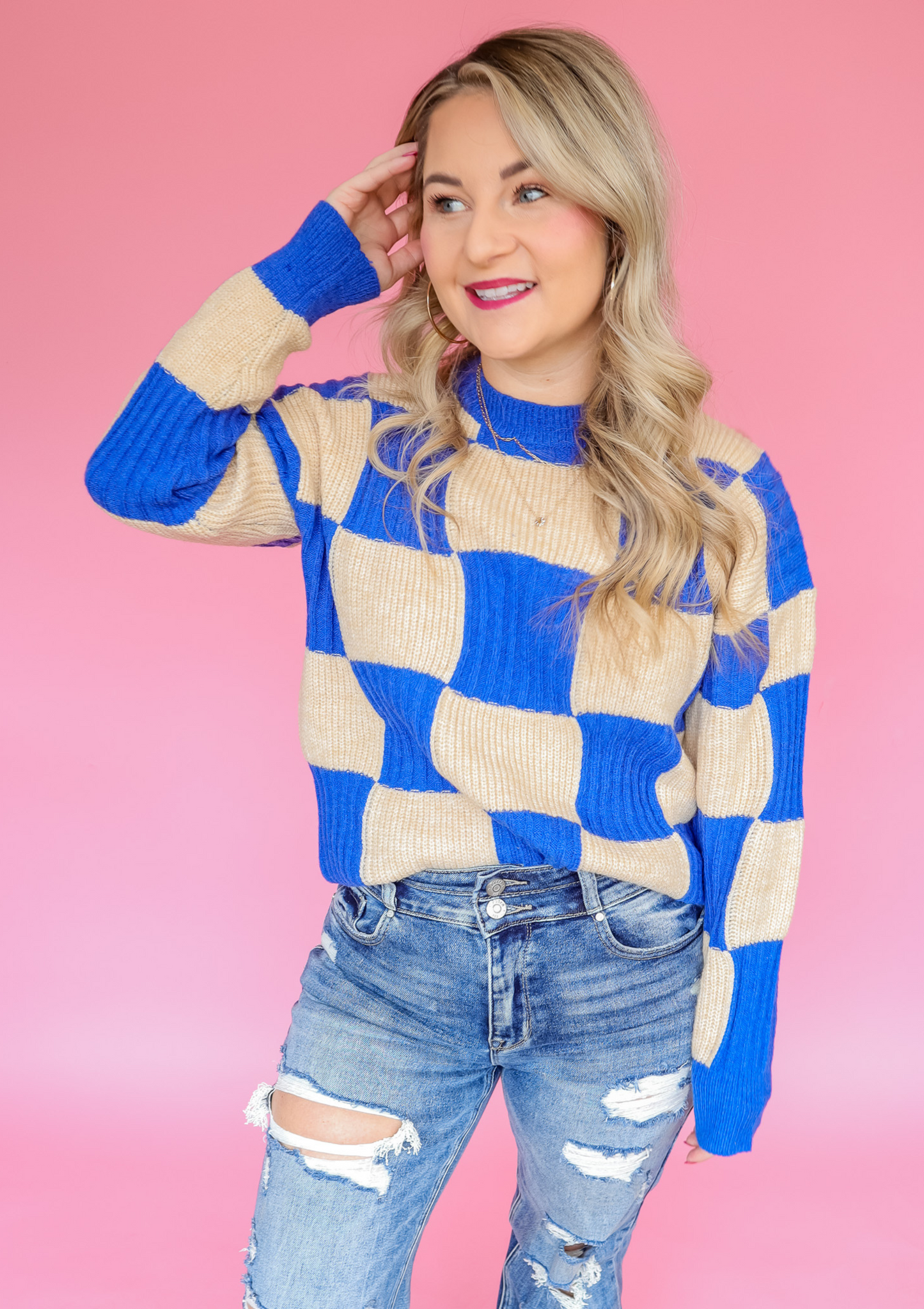 SOMETHING TO TELL BLUE TAUPE CHECKERED SWEATER