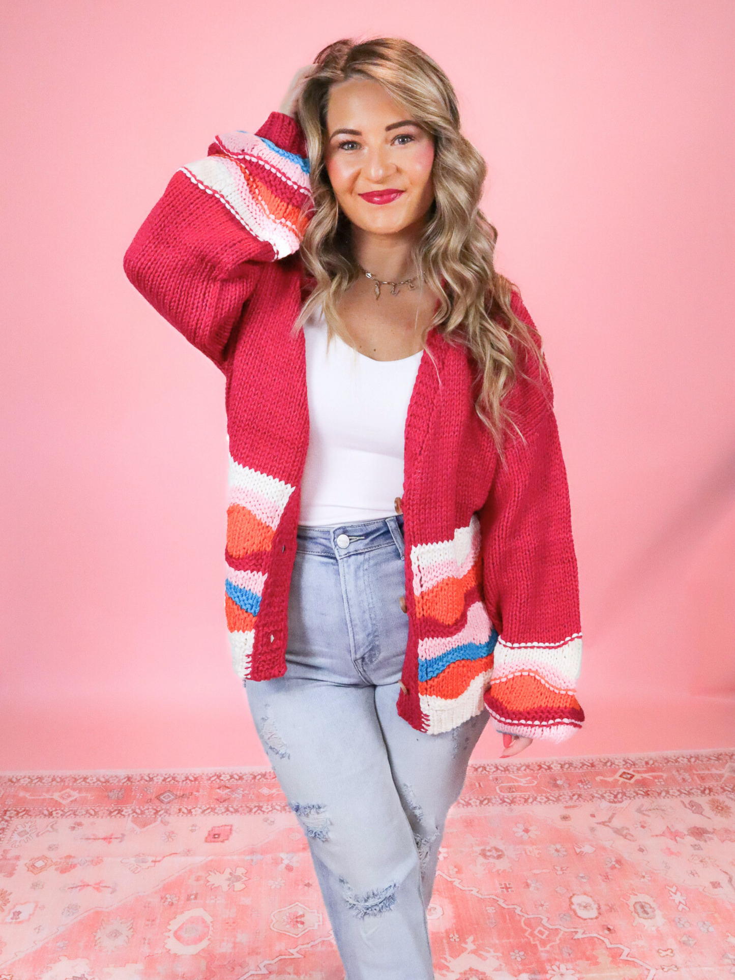 GIVE ME TIME PINK MULTI COLOR BUTTON DOWN CARDIGAN