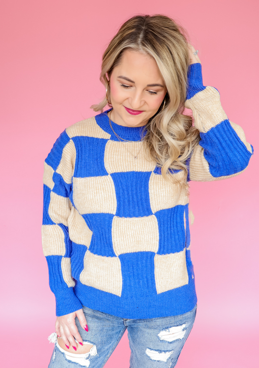 SOMETHING TO TELL BLUE TAUPE CHECKERED SWEATER