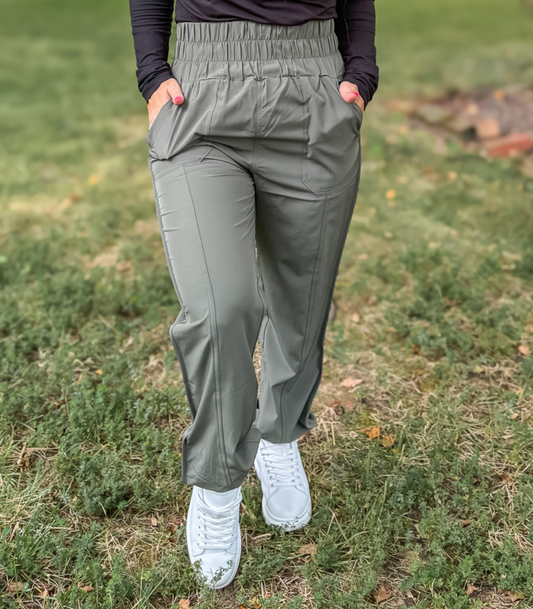 *BEST SELLING* ON THE MOVE SMOCKED WAIST JOGGERS - OLIVE