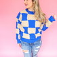 SOMETHING TO TELL BLUE TAUPE CHECKERED SWEATER