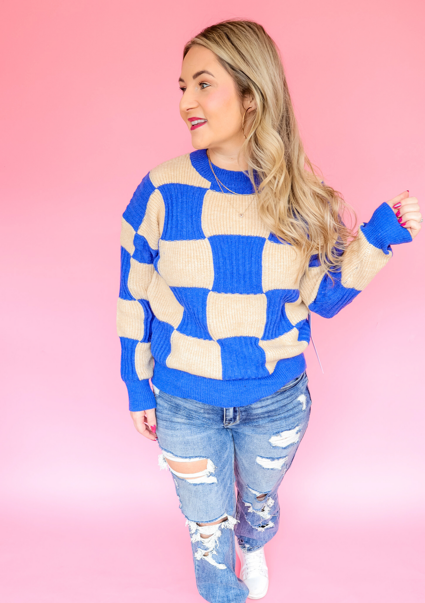 SOMETHING TO TELL BLUE TAUPE CHECKERED SWEATER