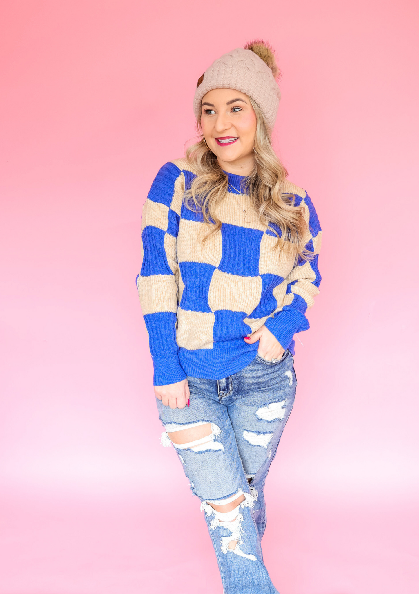 SOMETHING TO TELL BLUE TAUPE CHECKERED SWEATER