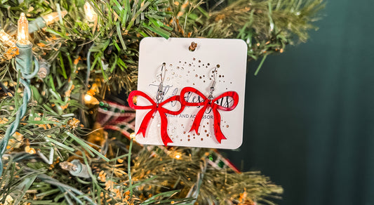 ACRYLIC RED BOWS DANGLE EARRINGS