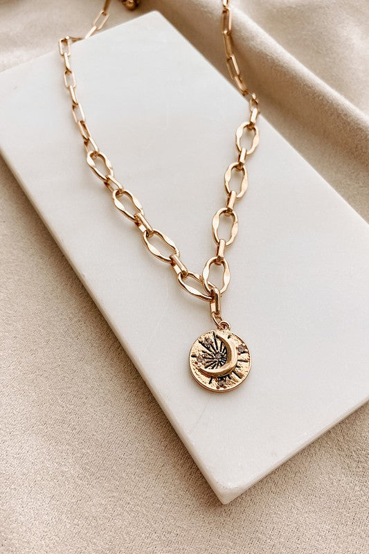 GOLD THIN PAPERCLIP MOON CHARM NECKLACE