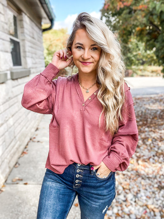 RUNNING INTO TROUBLE V NECK BUTTON TOP - FINAL SALE