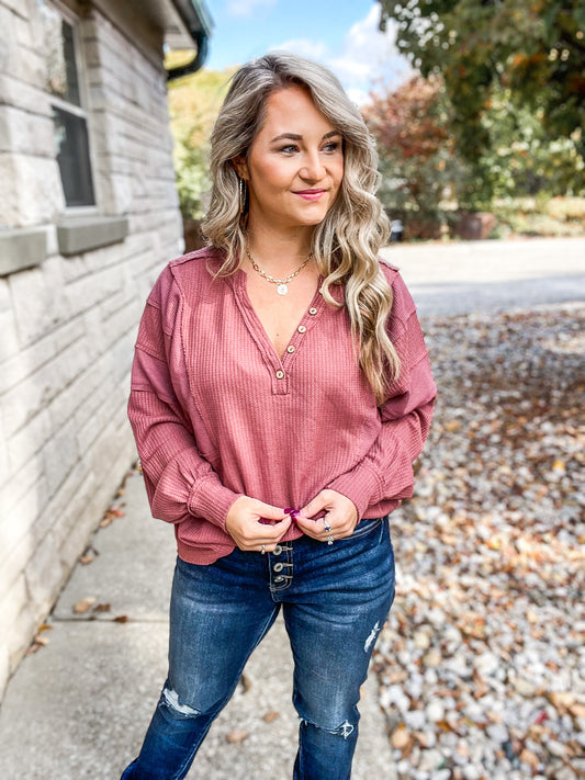 RUNNING INTO TROUBLE V NECK BUTTON TOP - FINAL SALE